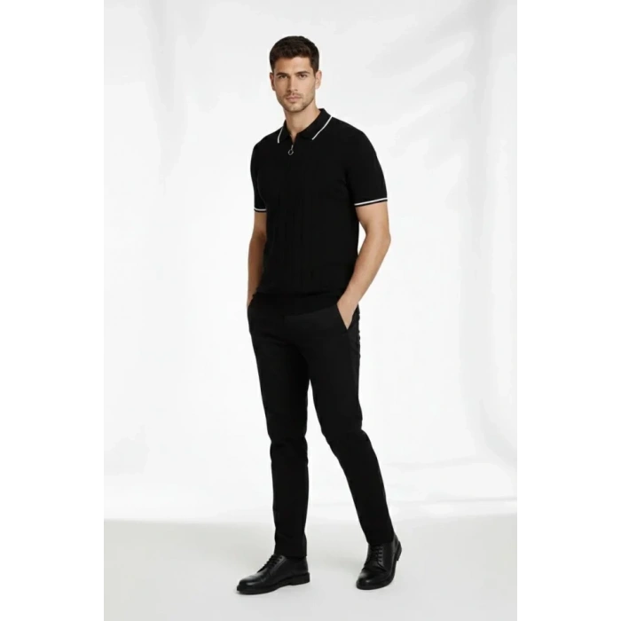 Erkek Fermuarlı Yaka Fitilli Triko Kısa Kollu Regular Fit Tişört Tshirt  iyah