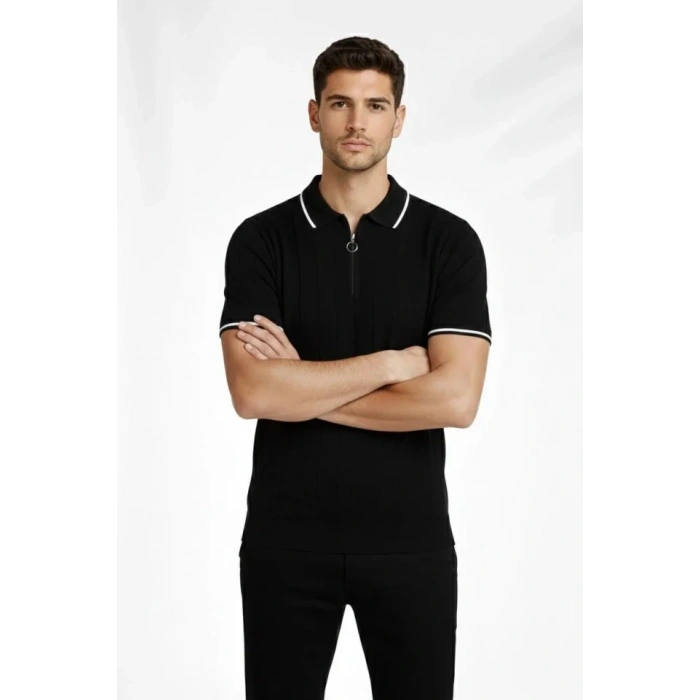 Erkek Fermuarlı Yaka Fitilli Triko Kısa Kollu Regular Fit Tişört Tshirt  iyah