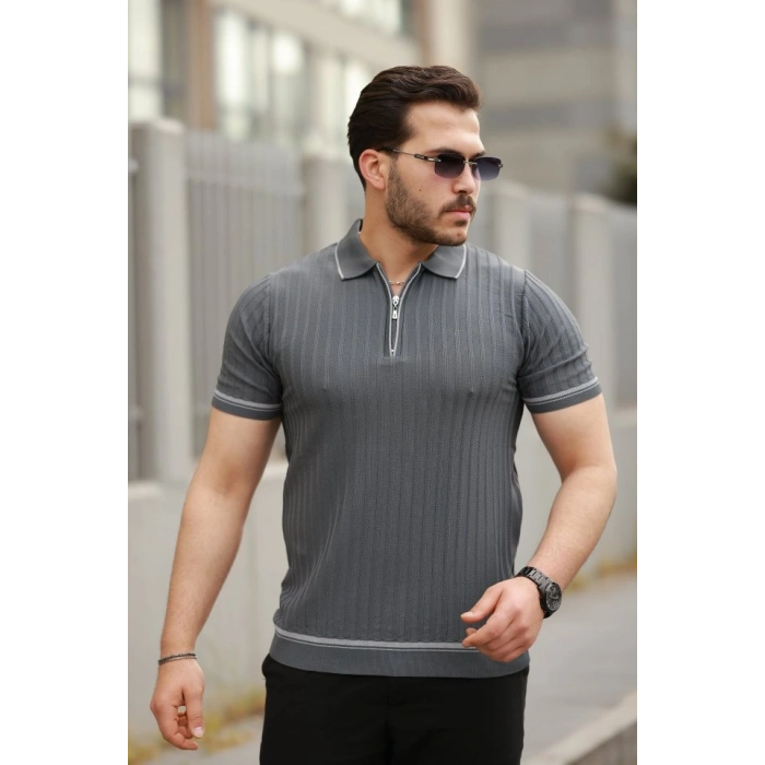Erkek Fermuarlı Yakalı Kısa Kollu Tshirt