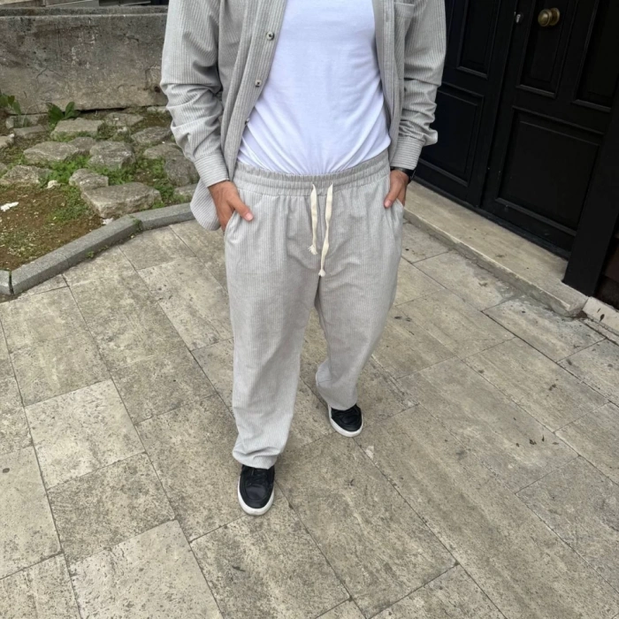 Erkek Fitilli Kadife Cepli Buggy Pantolon Oversize Rahat Kalıp  Gri