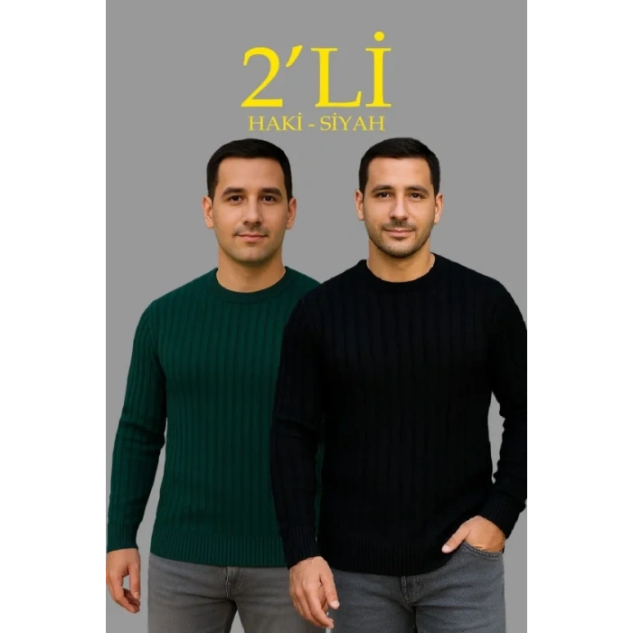 Erkek Fitilli Triko Kazak 2’li et iyah Haki Kalın Dokuma Pamuklu Regular Fit Bisiklet
