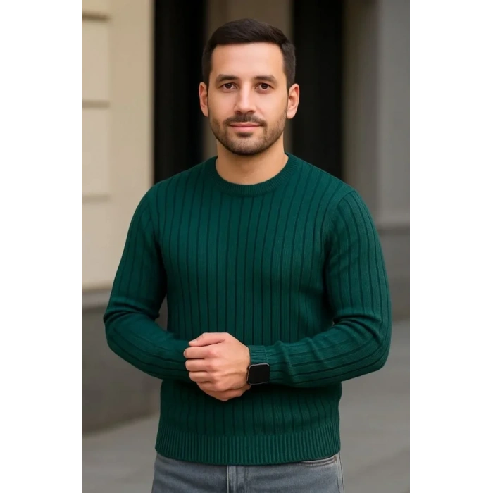 Erkek Fitilli Triko Kazak 2’li et iyah Haki Kalın Dokuma Pamuklu Regular Fit Bisiklet