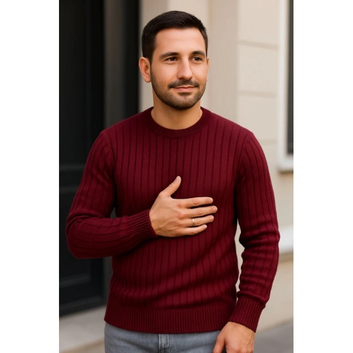 Erkek Fitilli Triko Kazak 3lü et Beyaz Bordo iyah Regular Fit Bisiklet Yaka Triko eti