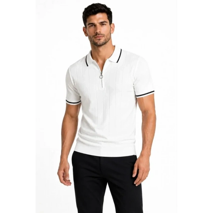 Erkek Fitilli Triko Tshirt Polo Yaka Yarım Fermuarlı Kısa Kollu Tişört  Beyaz