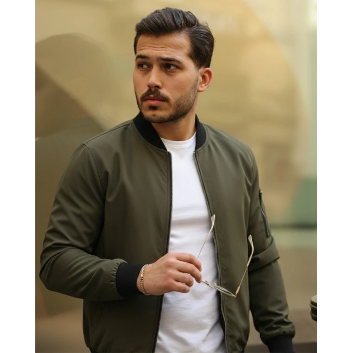 Erkek Içi Astarlı Fermuarlı Bomber ont Ceket  Haki