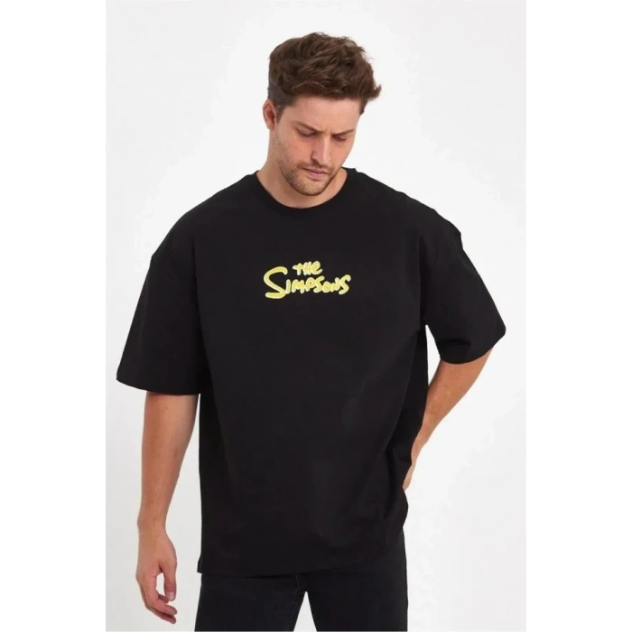 Erkek ırt Baskılı Bisiklet Yaka Oversize Tshirt  iyah