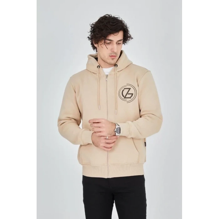 Erkek Kapüşonlu Baskılı Fermuarlı Hırka  Bej
