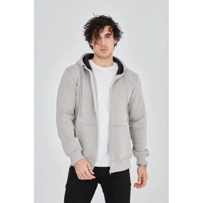 Erkek Kapüşonlu Düz Fermuarlı Hırka  Boyalı Gri