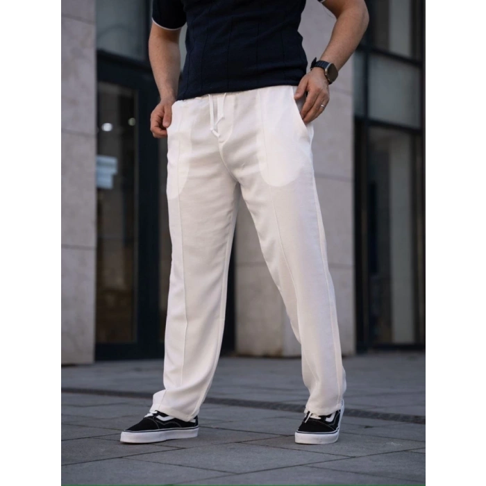 Erkek Keten Cepli Çıma Dikişli Jogger Buggy Pantalon Rahat Kalıp  Beyaz