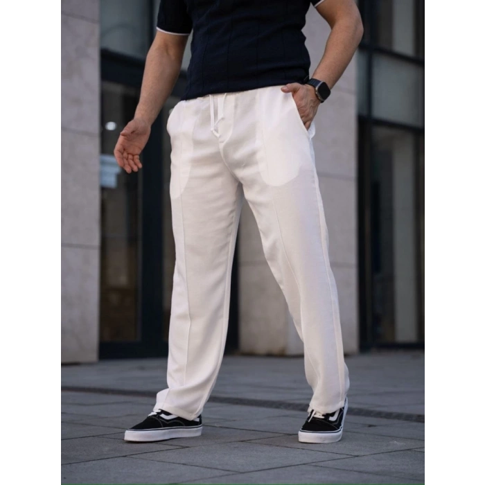 Erkek Keten Cepli Çıma Dikişli Jogger Buggy Pantalon Rahat Kalıp  Beyaz