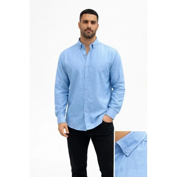 Erkek KETEN Kumaş Oversize Uzun Kollu Rahat Kalıp Gömlek  Açık avi