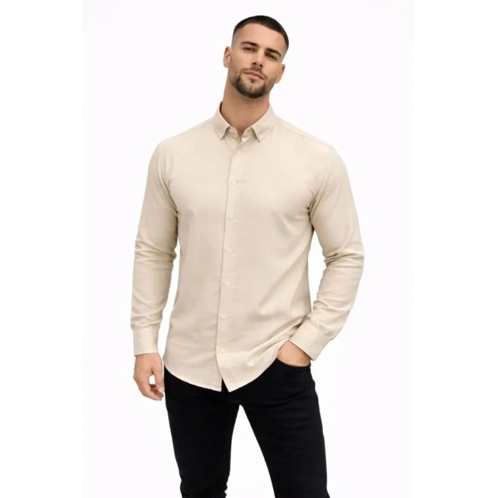 Erkek KETEN Kumaş Oversize Uzun Kollu Rahat Kalıp Gömlek  Bej