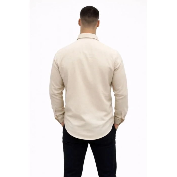 Erkek KETEN Kumaş Oversize Uzun Kollu Rahat Kalıp Gömlek  Bej