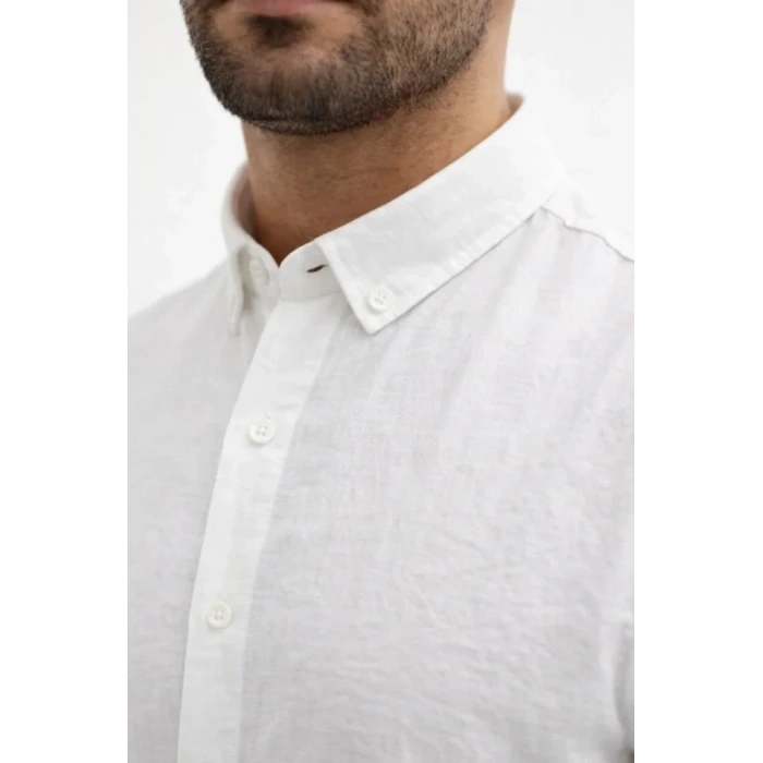 Erkek KETEN Kumaş Oversize Uzun Kollu Rahat Kalıp Gömlek  Beyaz