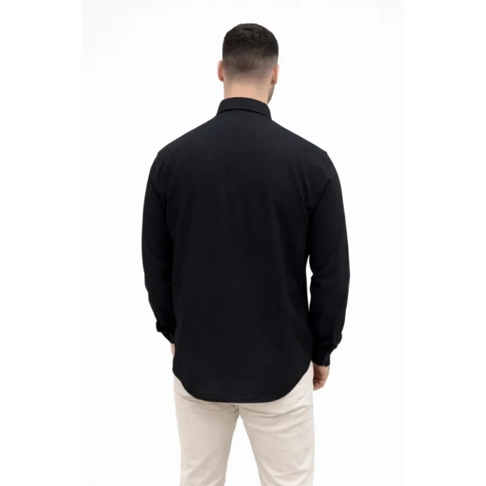 Erkek KETEN Kumaş Oversize Uzun Kollu Rahat Kalıp Gömlek  iyah
