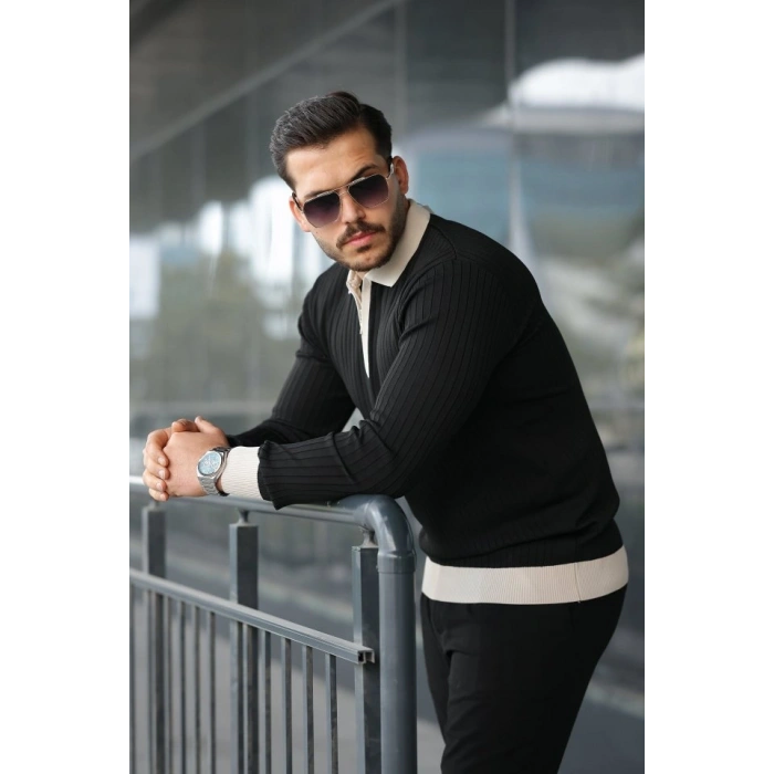 Erkek Kol Ve Yaka Detaylı Uzun Kollu Triko