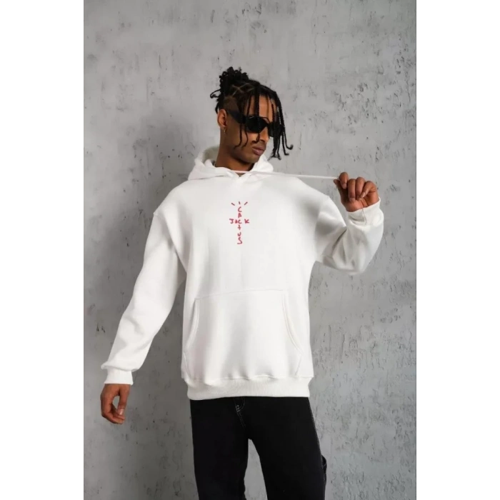 Erkek Kordonlu Arka aske Kordon açlı Kapüşonlu  Beyaz