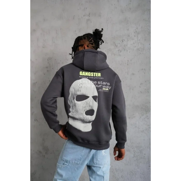 Erkek Kordonlu aske Baskılı Kapşonlu weat  Gri