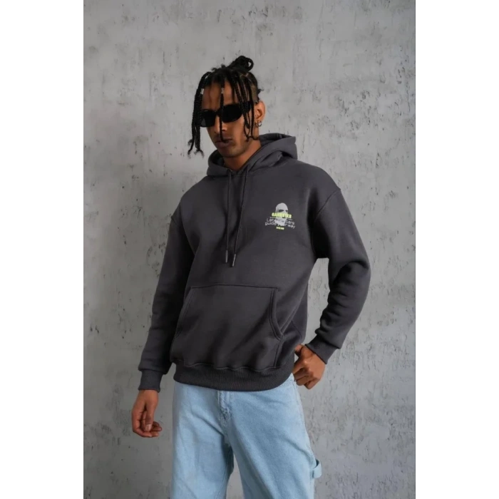 Erkek Kordonlu aske Baskılı Kapşonlu weat  Gri