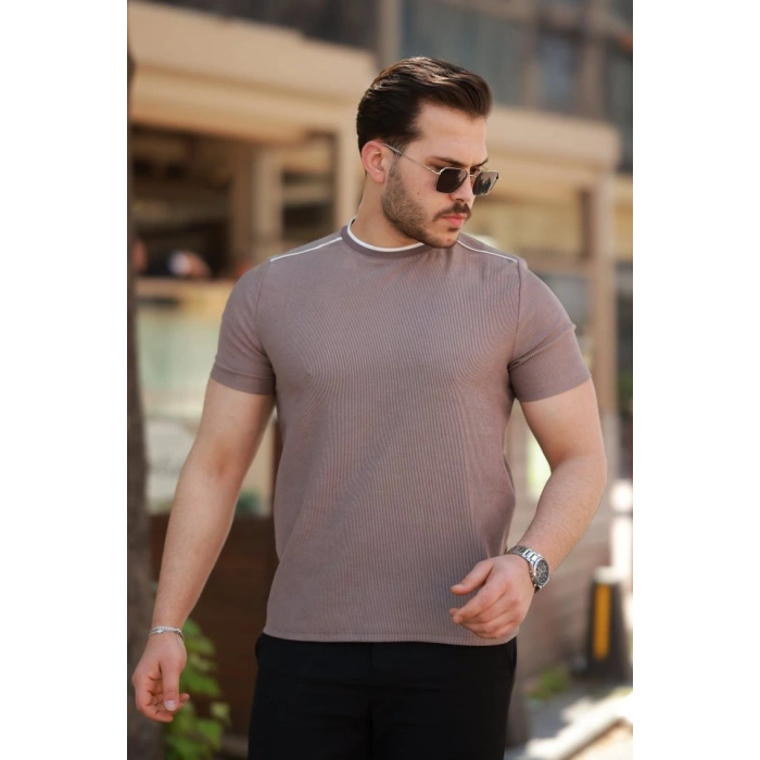 Erkek Omuzlar çizgi Detaylı Kısa Kollu Tshirt