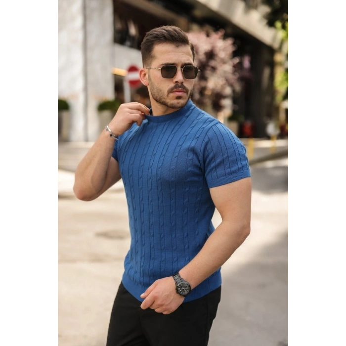 Erkek Örgü Desen Bisiklet Yaka Triko Tişört  %100 Pamuk Akrilik