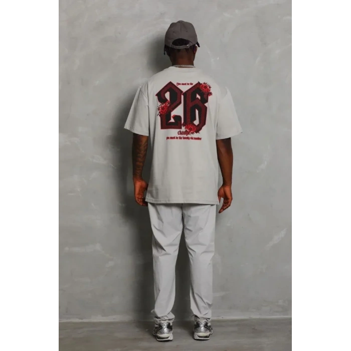 ERKEK Oversize Baskılı Bisiklet Yaka Thirt  Gri