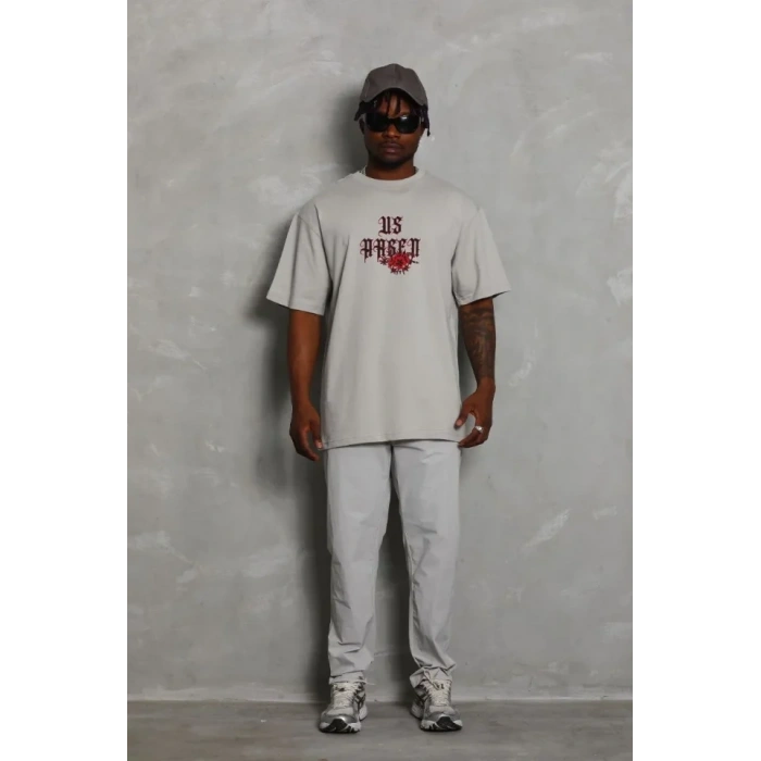 ERKEK Oversize Baskılı Bisiklet Yaka Thirt  Gri