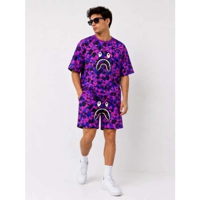 Erkek Oversize Kalıp Pubg Bape X hark Nakışlı Cepli Şort Takım  or