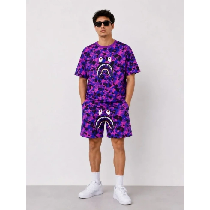 Erkek Oversize Kalıp Pubg Bape X hark Nakışlı Cepli Şort Takım  or