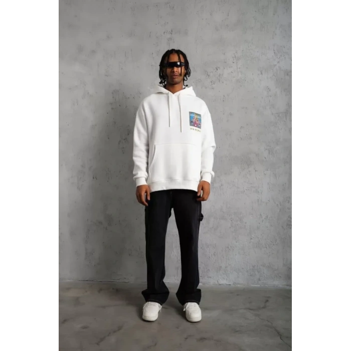 Erkek Patel ix Baskılı Kapüşonlu weat  Beyaz