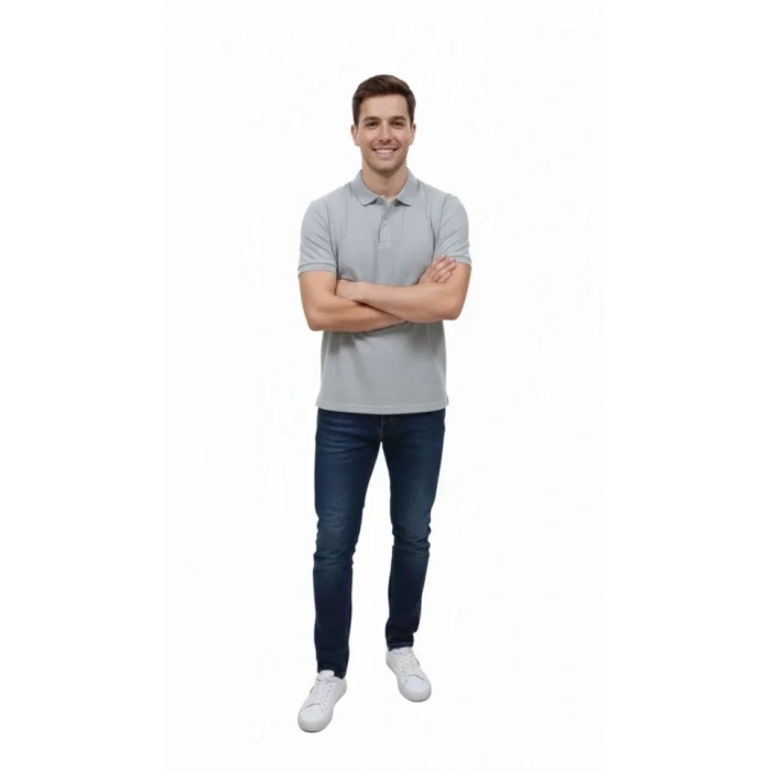 Erkek Pike Kumaş Düğmeli Yaka Regular Fit Günlük Kısa Kol Tişört Tshirt  Gri