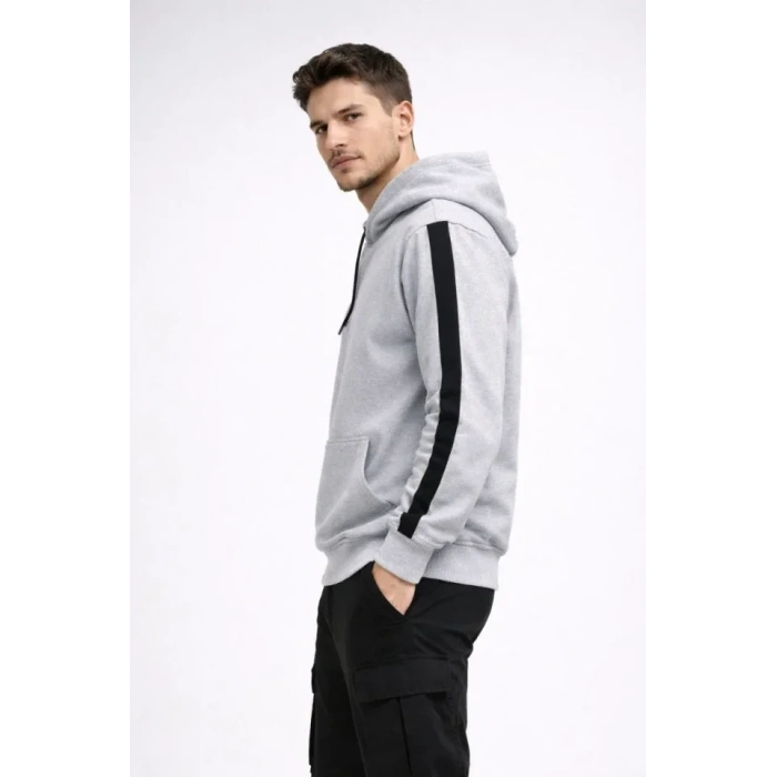 Erkek Şeritli Kapüşonlu weatshirt Oversize 3 Iplik Pamuklu  Beyaz