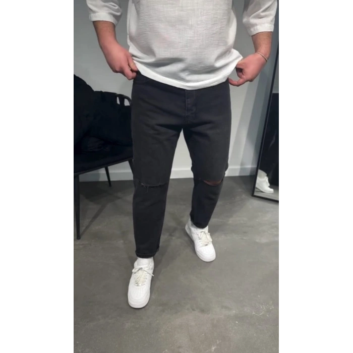 Erkek Siyah Dizi Yırtık Boyfriend Jean