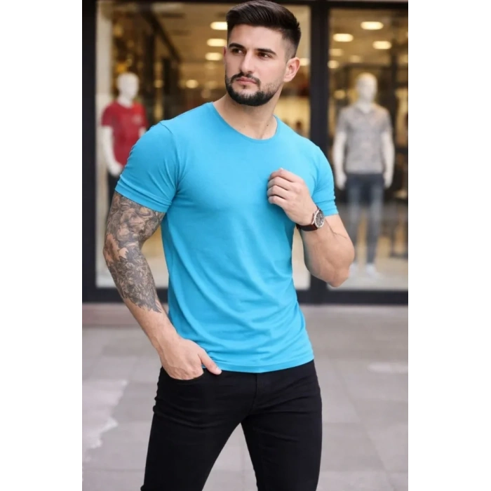 Erkek Thirt Bisiklet Yaka lim Fit Dar Kesim ikralı Tişört Günlük Basic Body  Açık avi