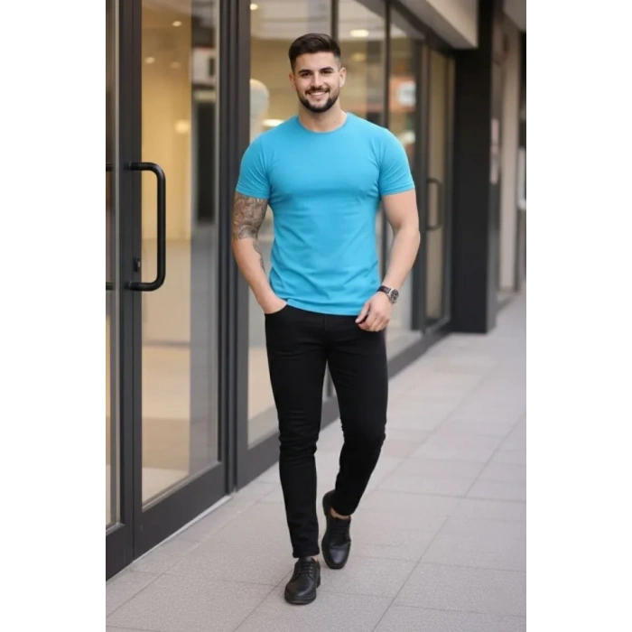 Erkek Thirt Bisiklet Yaka lim Fit Dar Kesim ikralı Tişört Günlük Basic Body  Açık avi