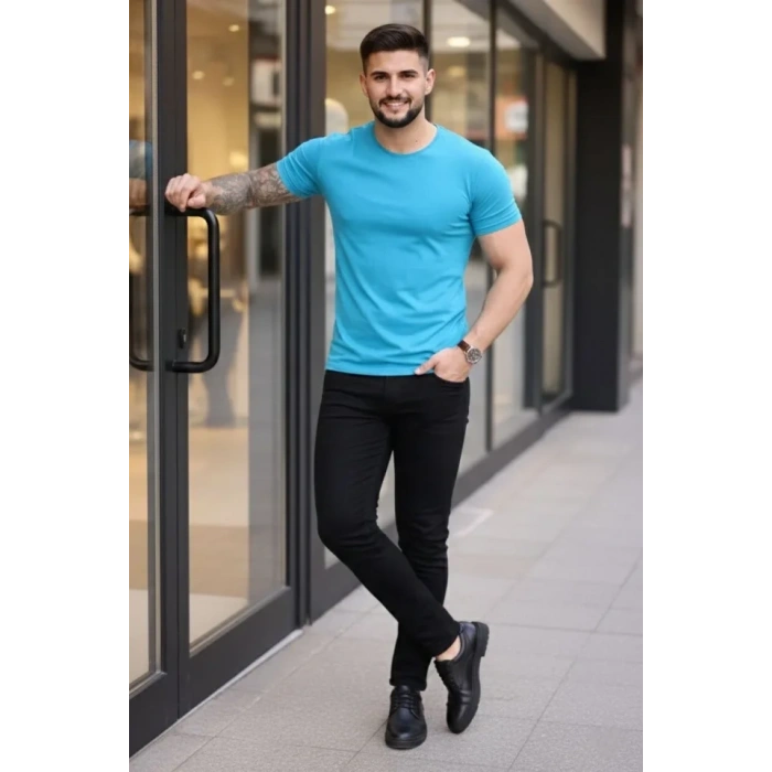 Erkek Thirt Bisiklet Yaka lim Fit Dar Kesim ikralı Tişört Günlük Basic Body  Açık avi