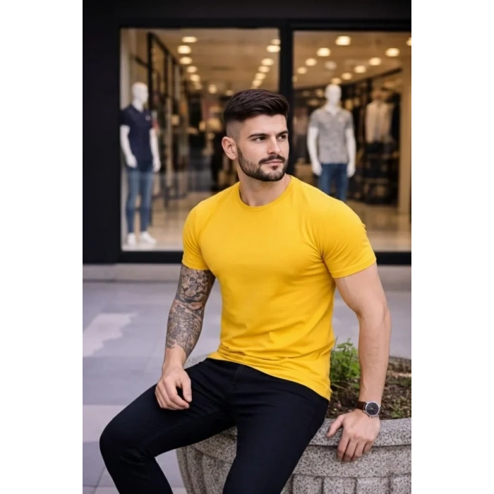 Erkek Thirt Bisiklet Yaka lim Fit Dar Kesim ikralı Tişört Günlük Basic Body  arı