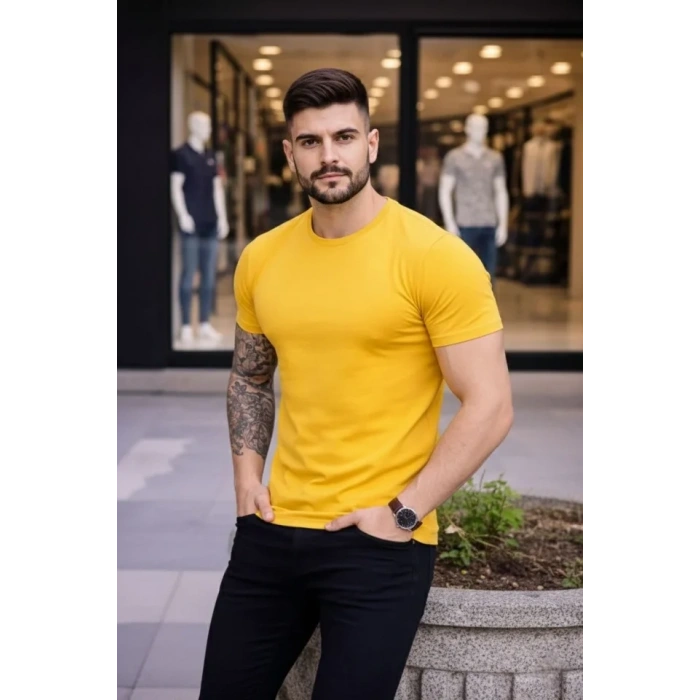 Erkek Thirt Bisiklet Yaka lim Fit Dar Kesim ikralı Tişört Günlük Basic Body  arı