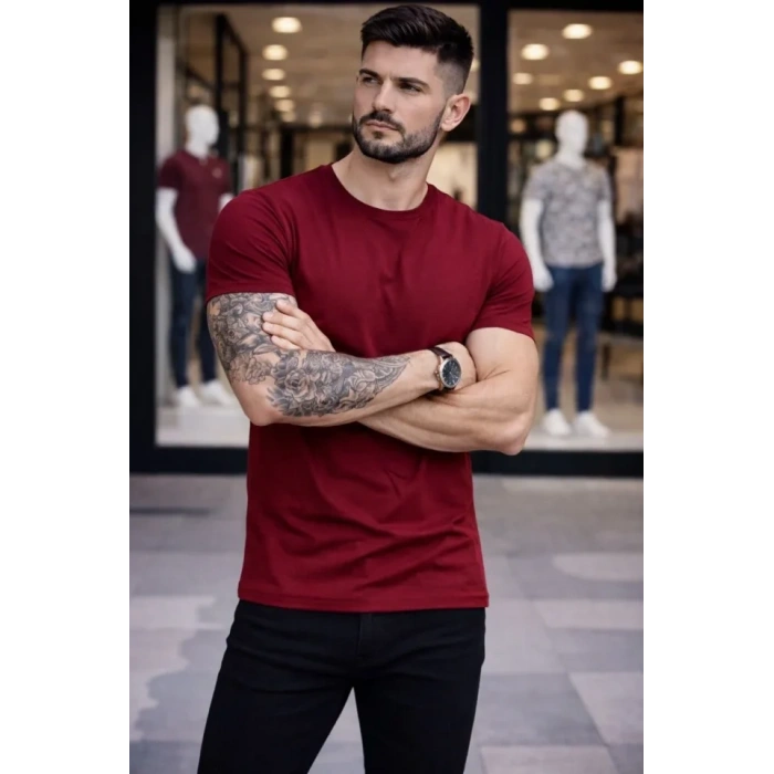 Erkek Thirt Bisiklet Yaka lim Fit Dar Kesim ikralı Tişört Günlük Basic Body  Bordo