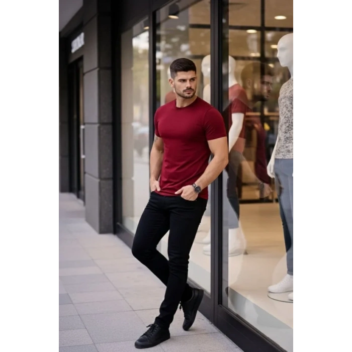 Erkek Thirt Bisiklet Yaka lim Fit Dar Kesim ikralı Tişört Günlük Basic Body  Bordo