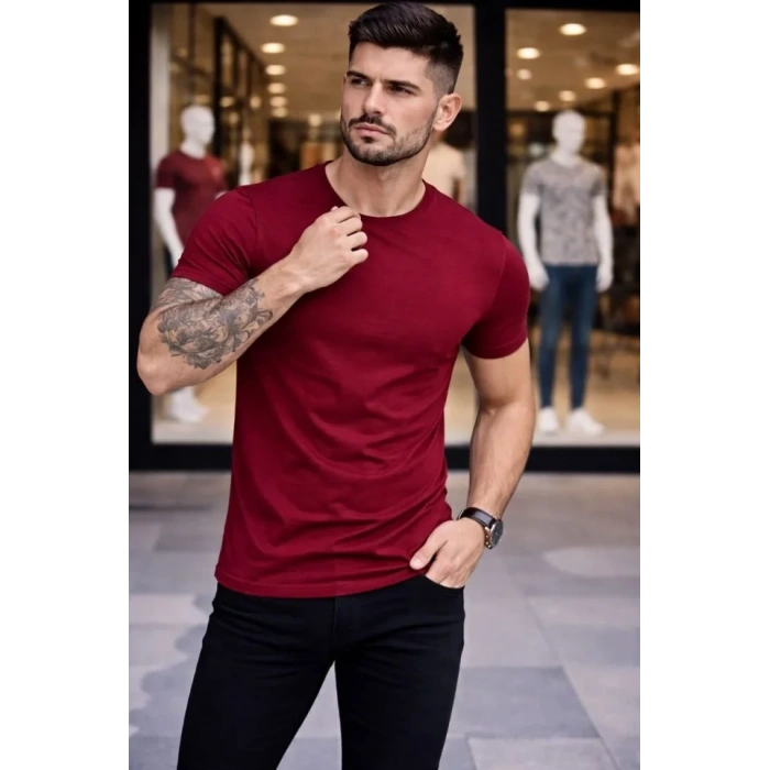 Erkek Thirt Bisiklet Yaka lim Fit Dar Kesim ikralı Tişört Günlük Basic Body  Bordo