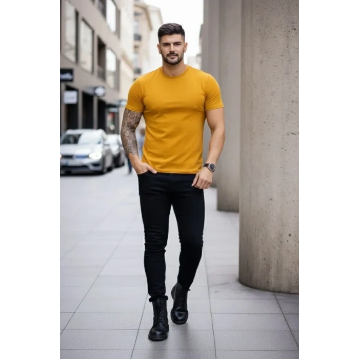 Erkek Thirt Bisiklet Yaka lim Fit Dar Kesim ikralı Tişört Günlük Basic Body  imon