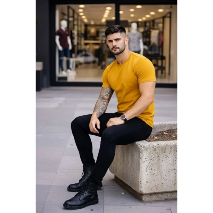 Erkek Thirt Bisiklet Yaka lim Fit Dar Kesim ikralı Tişört Günlük Basic Body  imon