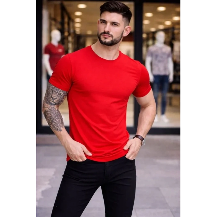 Erkek Thirt Bisiklet Yaka lim Fit Dar Kesim ikralı Tişört Günlük Basic Body  Kırmızı