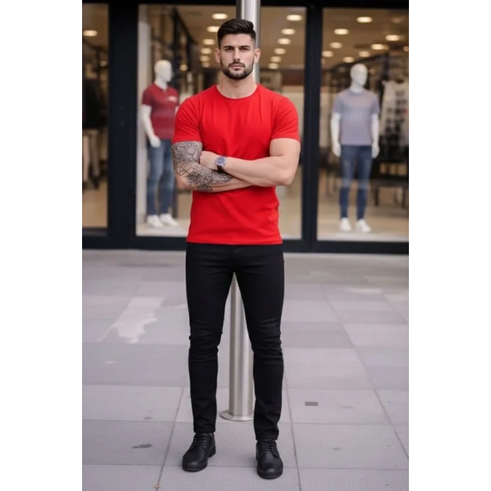 Erkek Thirt Bisiklet Yaka lim Fit Dar Kesim ikralı Tişört Günlük Basic Body  Kırmızı