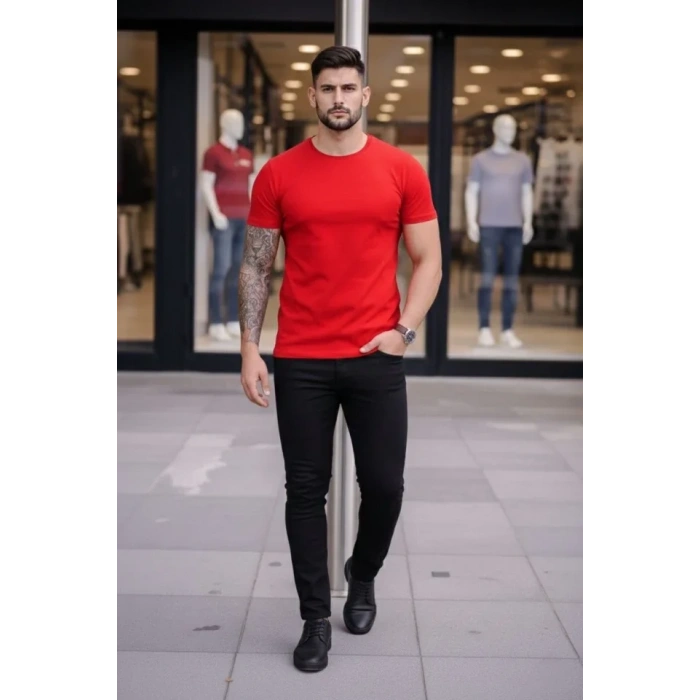Erkek Thirt Bisiklet Yaka lim Fit Dar Kesim ikralı Tişört Günlük Basic Body  Kırmızı