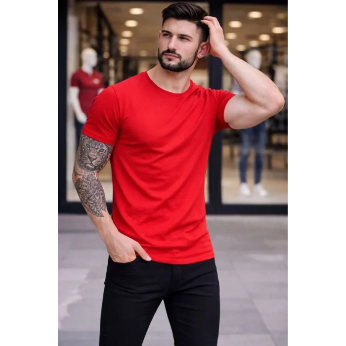 Erkek Thirt Bisiklet Yaka lim Fit Dar Kesim ikralı Tişört Günlük Basic Body  Kırmızı
