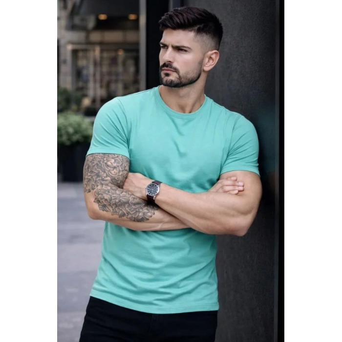 Erkek Thirt Bisiklet Yaka lim Fit Dar Kesim ikralı Tişört Günlük Basic Body  Turkuvaz