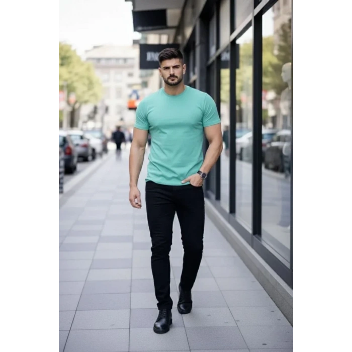 Erkek Thirt Bisiklet Yaka lim Fit Dar Kesim ikralı Tişört Günlük Basic Body  Turkuvaz