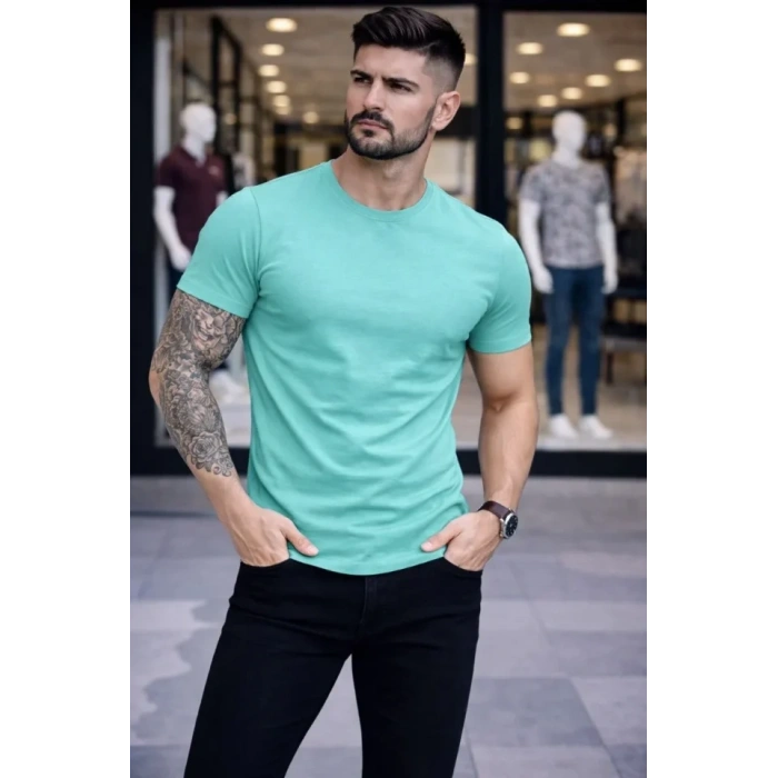 Erkek Thirt Bisiklet Yaka lim Fit Dar Kesim ikralı Tişört Günlük Basic Body  Turkuvaz